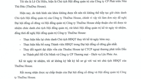 Sau khi hàng loạt lãnh đạo vướng vòng lao lý, Chủ tịch HĐQT ThuDuc House xin từ nhiệm