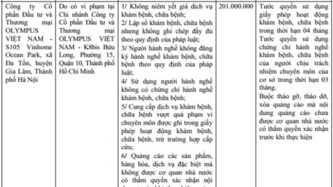 Xử phạt và đình chỉ hoạt động Phòng khám Olympus Việt Nam