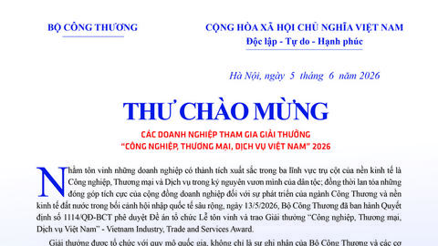 Thứ trưởng Nguyễn Sinh Nhật Tân gửi thư chào mừng doanh nghiệp tham gia Giải thưởng Công nghiệp, Thương mại, Dịch vụ Việt Nam