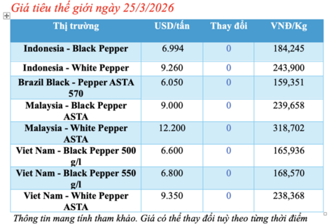 Giá tiêu hôm nay 25/3/2026: Bật tăng mạnh