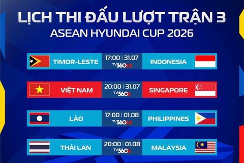 Lịch thi đấu ASEAN Cup 2026 hôm nay (31-7): Tâm điểm Việt Nam đấu Singapore