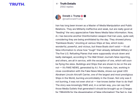 Tổng thống Trump cáo buộc Iran sử dụng AI thao túng thông tin chiến sự