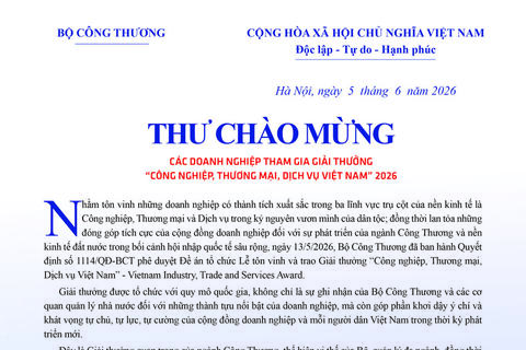 Thứ trưởng Nguyễn Sinh Nhật Tân gửi thư chào mừng doanh nghiệp tham gia Giải thưởng Công nghiệp, Thương mại, Dịch vụ Việt Nam