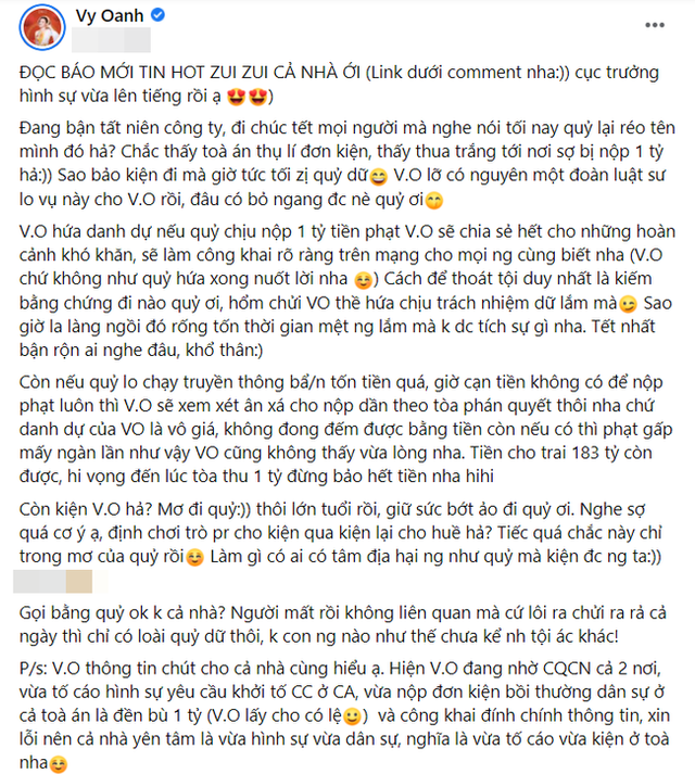 Vy Oanh tiết lộ có người sắp thua kiện mình, khẳng định sẽ làm điều này sau khi được bồi thường 1 tỷ đồng - Ảnh 1.