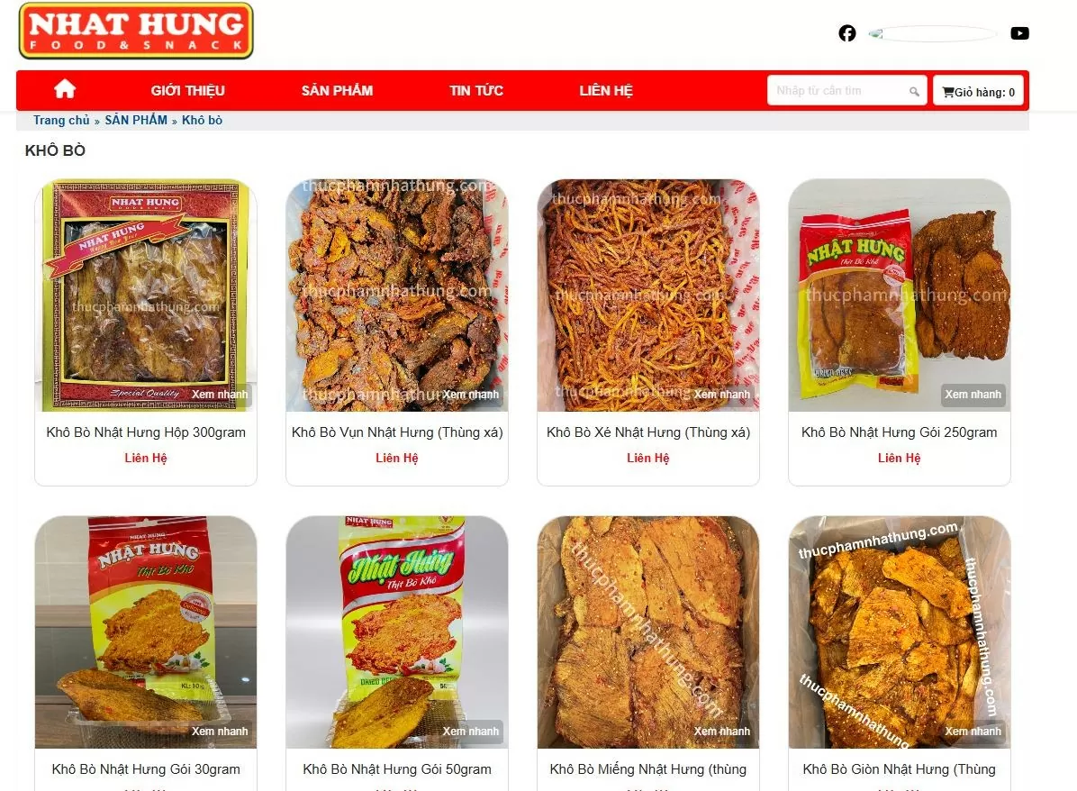 Trên website thucphamnhathung.com đang chào bán loại bò khô có thương hiệu Nhật Hưng. Ảnh chụp màn hình TP. Hồ Chí Minh Trên website thucphamnhathung.com đang chào bán loại bò khô có thương hiệu Nhật Hưng. Ảnh chụp màn hình