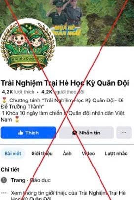 Fanpage lừa đảo “Trải nghiệm trại hè học kỳ quân đội” trên Facebook. Ảnh: Công an TP Hồ Chí Minh Fanpage lừa đảo “Trải nghiệm trại hè học kỳ quân đội” trên Facebook. Ảnh: Công an TP Hồ Chí Minh