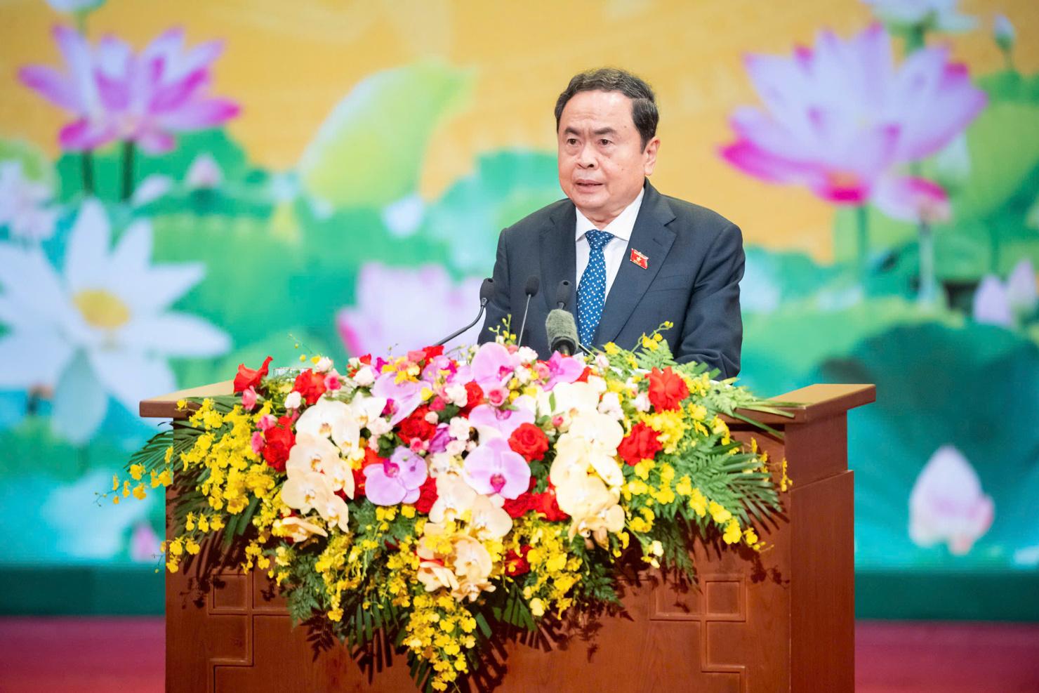 Chủ tịch Quốc hội Trần Thanh Mẫn phát biểu tại cuộc gặp mặt. Ảnh: Báo Đại biểu Nhân dân.