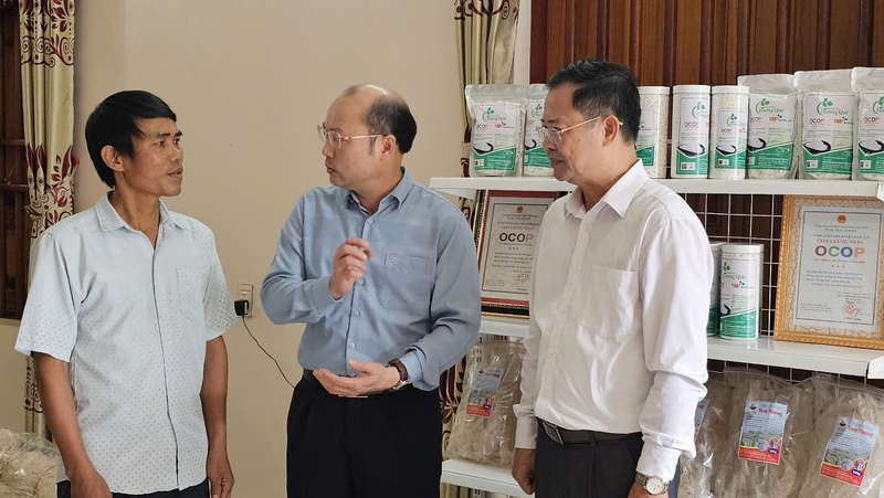 Lãnh đạo Văn phòng Điều phối Chương trình xây dựng NTM tỉnh Thanh Hóa thăm gian hàng sản phẩm OCOP trên địa bàn xã Ngọc Liên. Ảnh: Văn Đại