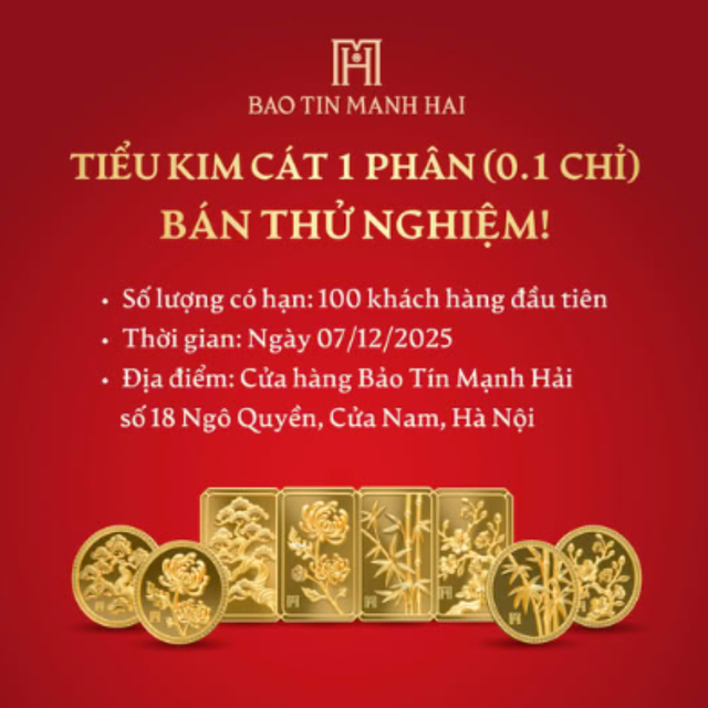 Bảo Tín Mạnh Hải đăng thông báo bán thử nghiệm sản phẩm vàng Tiểu Kim Cát 1 Phân (0,1 chỉ vàng) vào ngày 7/12/2025.