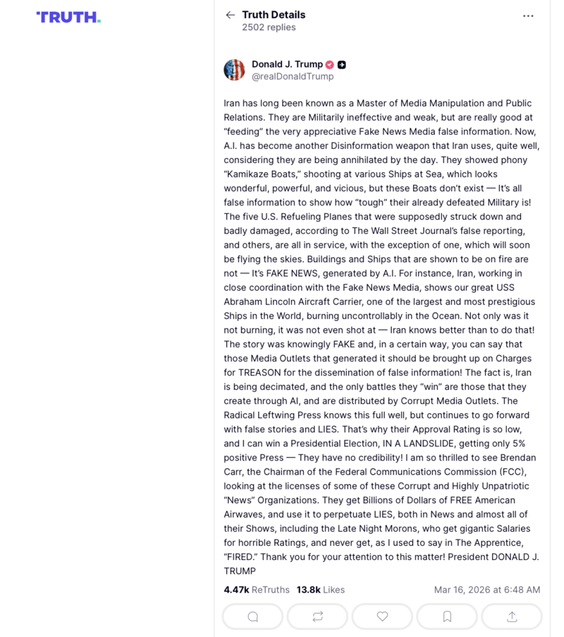 Bài đăng của Tổng thống Trump trên nền tảng mạng xã hội Truth Social vào sáng 16/3. Ảnh chụp màn hình