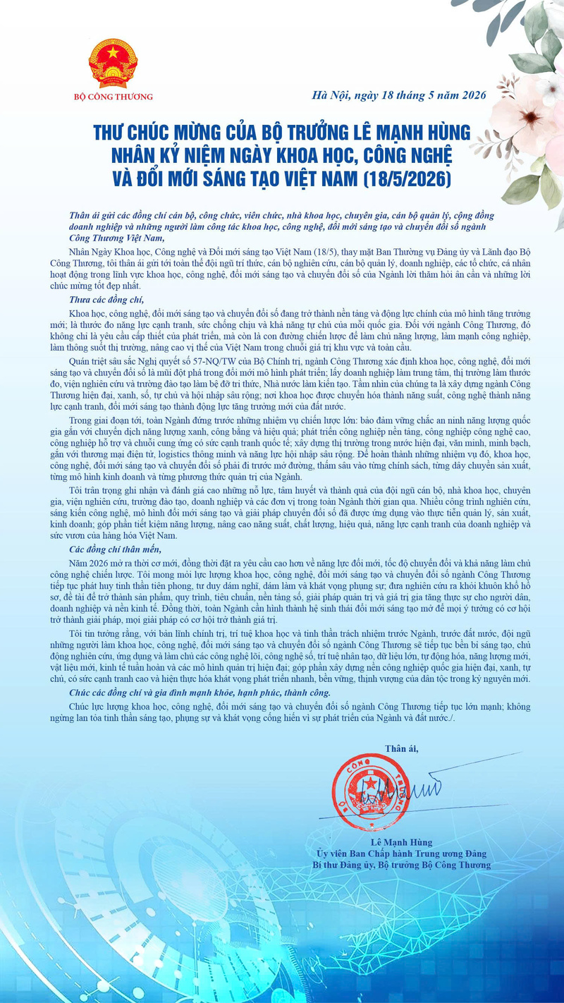 Bộ trưởng Lê Mạnh Hùng gửi thư chúc mừng nhân kỷ niệm Ngày Khoa học, Công nghệ và Đổi mới sáng tạo Việt Nam - 1