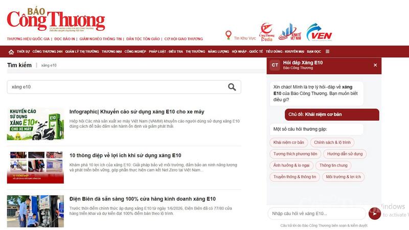 Chatbot được tích hợp trên Báo điện tử Công Thương và Cổng thông tin điện tử Bộ Công Thương để phục vụ nhu cầu tìm hiểu của bạn đọc về xăng E10.