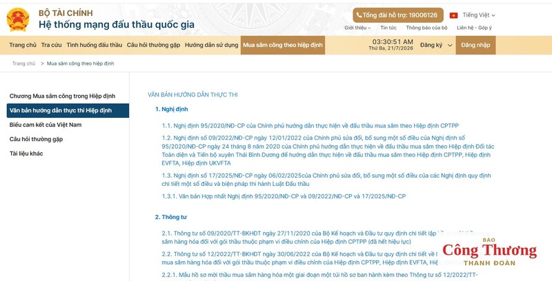 Thông tin mua sắm công theo Hiệp định trên Hệ thống mạng đấu thầu quốc gia.