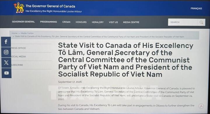 Thông cáo báo chí được đăng tải trên trang thông tin của Văn phòng Toàn quyền Canada.
